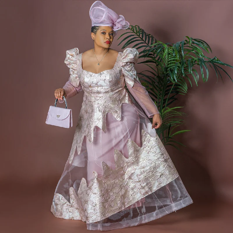 Elegant Fit & Flare Pink Maxi Dress with Jacquard & Mesh Detailing Comfortable Cotton Maxi Dress