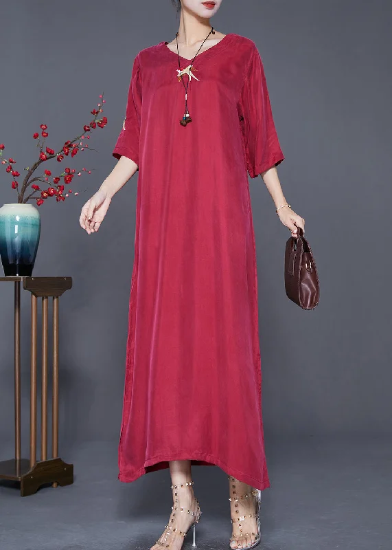 Elegant Mulberry Embroideried Side Open Silk Maxi Dresses Summer Stylish V-Neck Maxi Dress Elegant Mulberry Embroideried Side Open Silk Maxi Dresses Summer Stylish V-Neck Maxi Dress