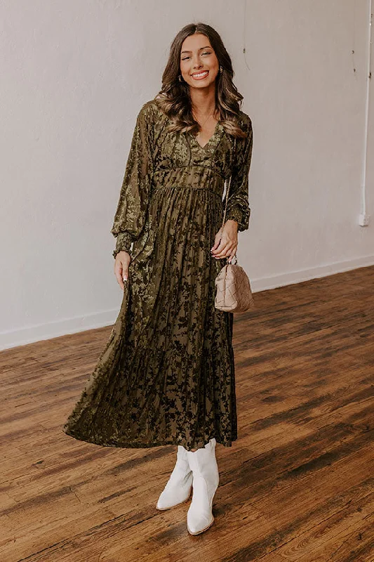 Everlasting Dreams Velvet Burnout Maxi Dress in Olive Classic Solid Maxi Dress