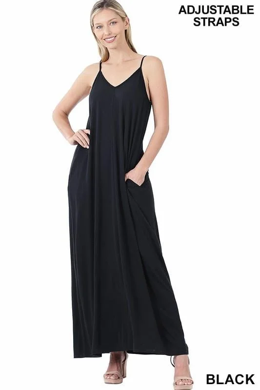 Everyday Chic V-Neck Cami Maxi Dress With Side Pockets - Black Elegant Silk Maxi Dress