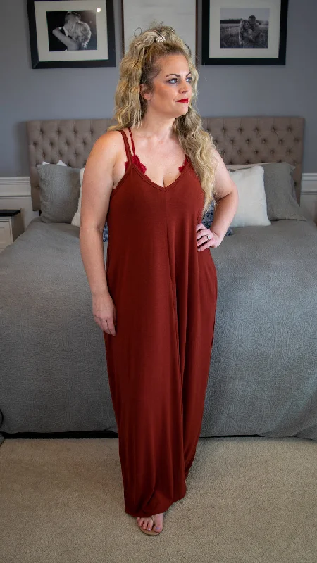 Everyday Chic V-Neck Cami Maxi Dress With Side Pockets - Fired Brick Comfortable Ruffle Hem Maxi Dress Everyday Chic V-Neck Cami Maxi Dress With Side Pockets - Fired Brick Comfortable Ruffle Hem Maxi Dress