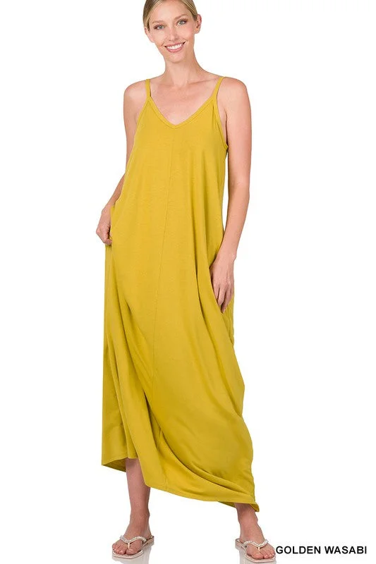 Everyday Chic V-Neck Cami Maxi Dress With Side Pockets - Golden Wasabi Stylish Pleated A-Line Maxi Dress Everyday Chic V-Neck Cami Maxi Dress With Side Pockets - Golden Wasabi Stylish Pleated A-Line Maxi Dress