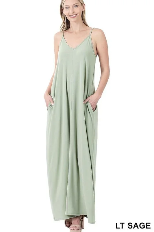 Everyday Chic V-Neck Cami Maxi Dress With Side Pockets - Lt Sage Comfortable Casual Maxi Dress Everyday Chic V-Neck Cami Maxi Dress With Side Pockets - Lt Sage Comfortable Casual Maxi Dress