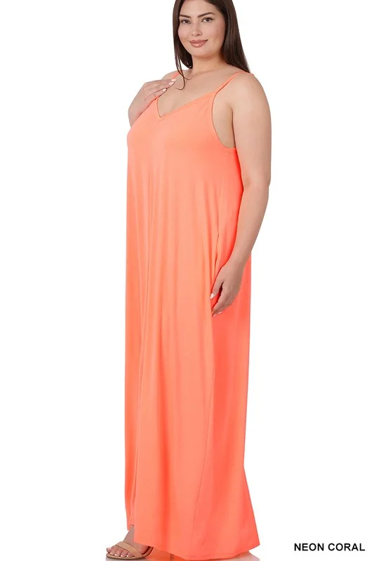 Everyday Chic V-Neck Cami Maxi Dress With Side Pockets - Neon Coral + Stylish Longline Maxi Dress
