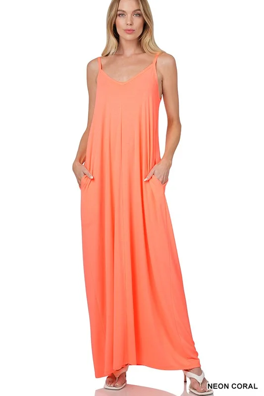 Everyday Chic V-Neck Cami Maxi Dress With Side Pockets - Neon Coral Classic Tulle Maxi Dress Everyday Chic V-Neck Cami Maxi Dress With Side Pockets - Neon Coral Classic Tulle Maxi Dress