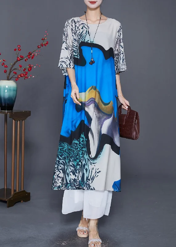 Fine Blue Oversized Print Silk Maxi Dresses Half Sleeve Comfortable Cotton Maxi Dress