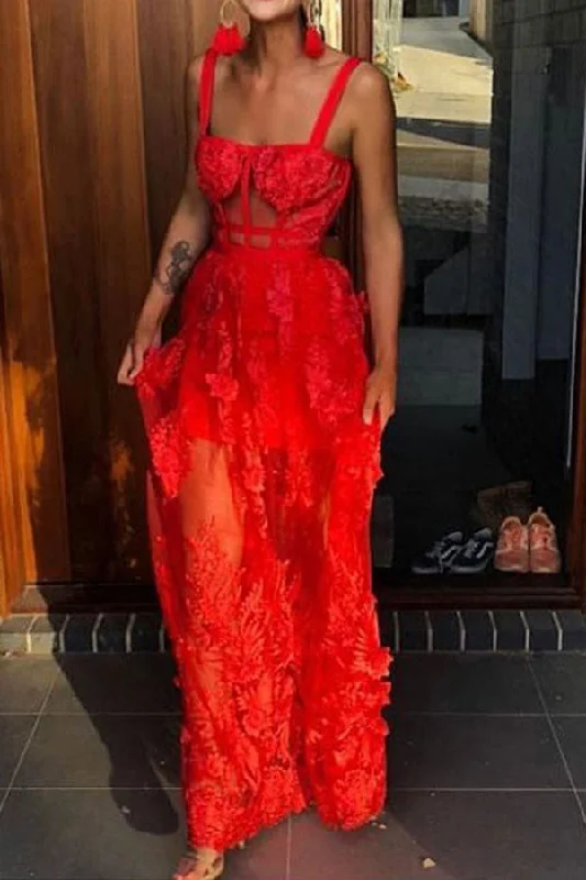 Floral Embroidery Sweet See-Through Maxi Dress Cozy Open-Back Maxi Dress