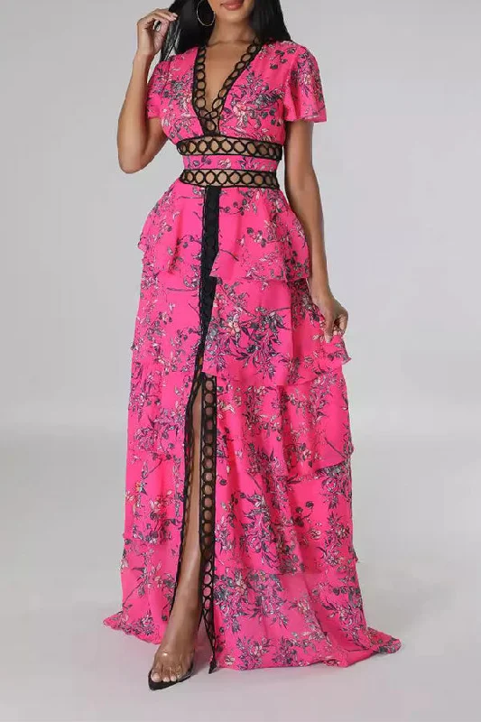 Floral Print Tropical Circle Trim Tiered Ruffles Maxi Dress Comfortable Pleated Maxi Dress Floral Print Tropical Circle Trim Tiered Ruffles Maxi Dress Comfortable Pleated Maxi Dress