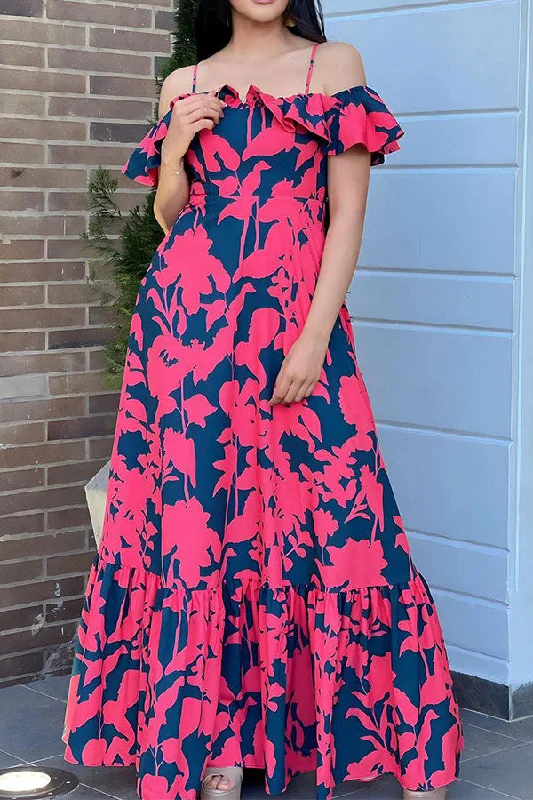 Floral Print Urban Cold Shoulder Ruffles Maxi Dress Stylish Longline Maxi Dress