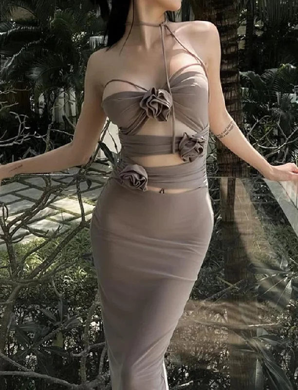 Flower Decor Cut-out Bodycon Prom Party   Maxi Dress Trendy V-Neck Maxi Dress