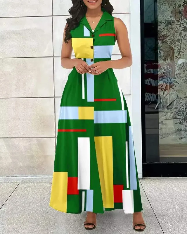 GEOMETRIC PRINT BUTTONED MAXI DRESS Cozy Longline Maxi Dress