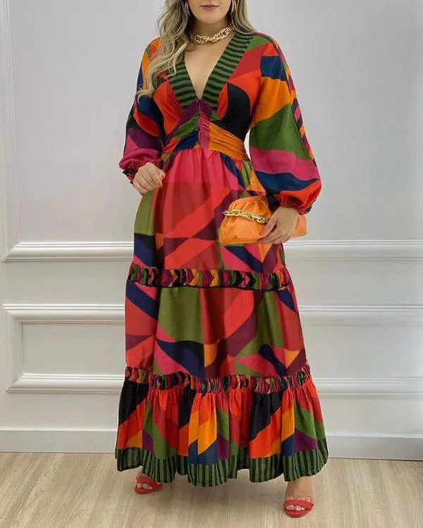 GEOMETRIC PRINT LANTERN SLEEVE MAXI DRESS Cozy Maxi Dress with Slit