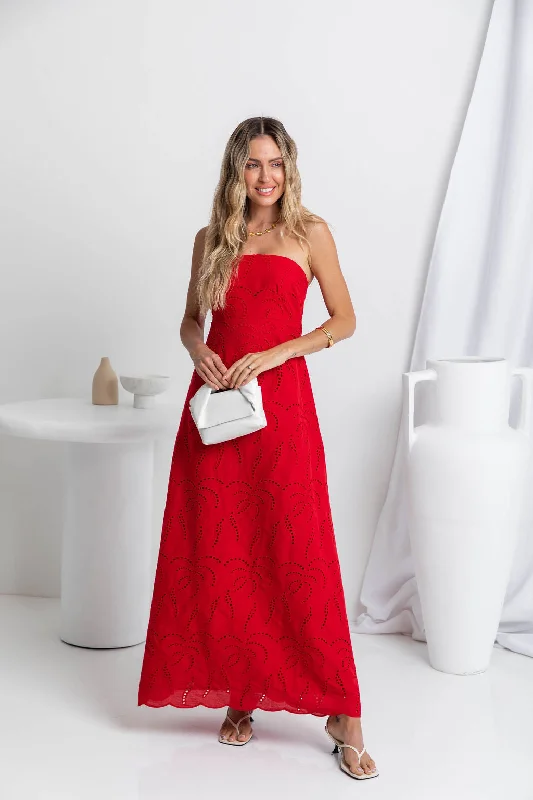 Gracie Strapless Maxi Dress - Red Broderie Anglaise Cozy Ruffle Sleeve Maxi Dress