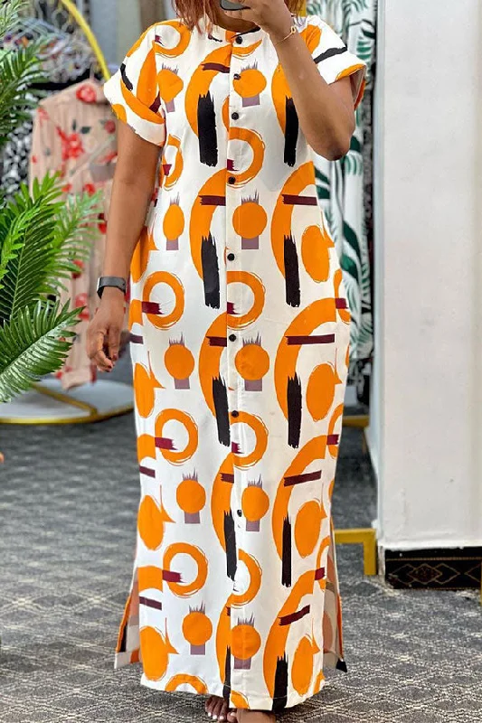 Graphic Print Casual Button Side Slit Maxi Dress Cozy Ruffle Sleeve Maxi Dress