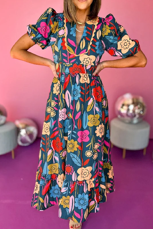 Green Retro Floral Printed Split Neck Maxi Dress Comfortable Satin Maxi Dress