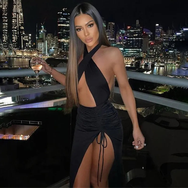 Halter Drawstring Sexy Bodycon Bandage Dress Women Summer Dress Split Hollow Out Backless Long Maxi Dresses Comfortable Fitted Maxi Dress Halter Drawstring Sexy Bodycon Bandage Dress Women Summer Dress Split Hollow Out Backless Long Maxi Dresses Comfortable Fitted Maxi Dress