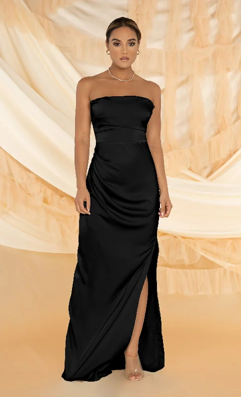 In The Mist<br><span> Black Satin Strapless Draped Side Slit Maxi Dress</span> Cozy Maxi Dress with Slit