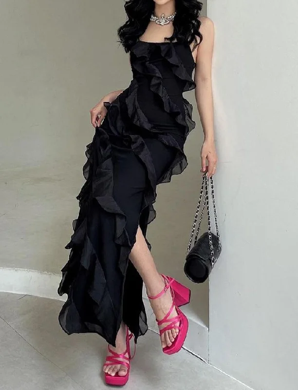 Irregular Ruffle Decor Side Slit Cami Maxi Dress Trendy Floral Print Maxi Dress