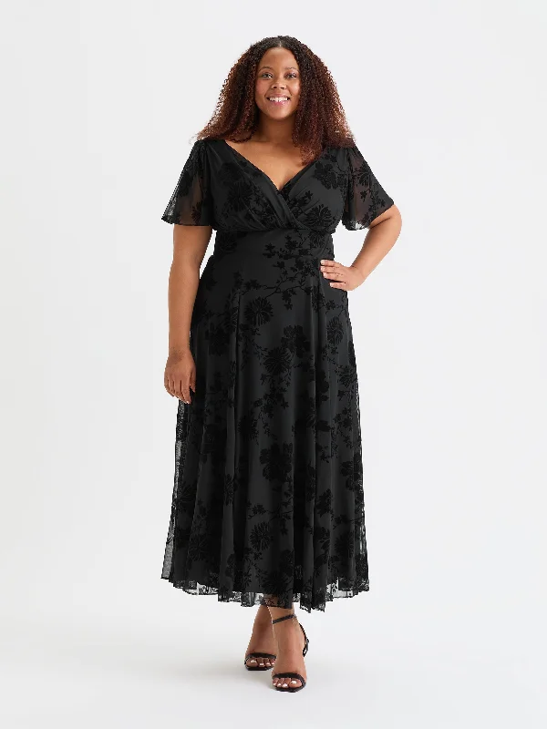 Isabelle Black Chinoise Velvet Flock Angel Sleeve Maxi Dress Cozy Spaghetti Strap Maxi Dress Isabelle Black Chinoise Velvet Flock Angel Sleeve Maxi Dress Cozy Spaghetti Strap Maxi Dress