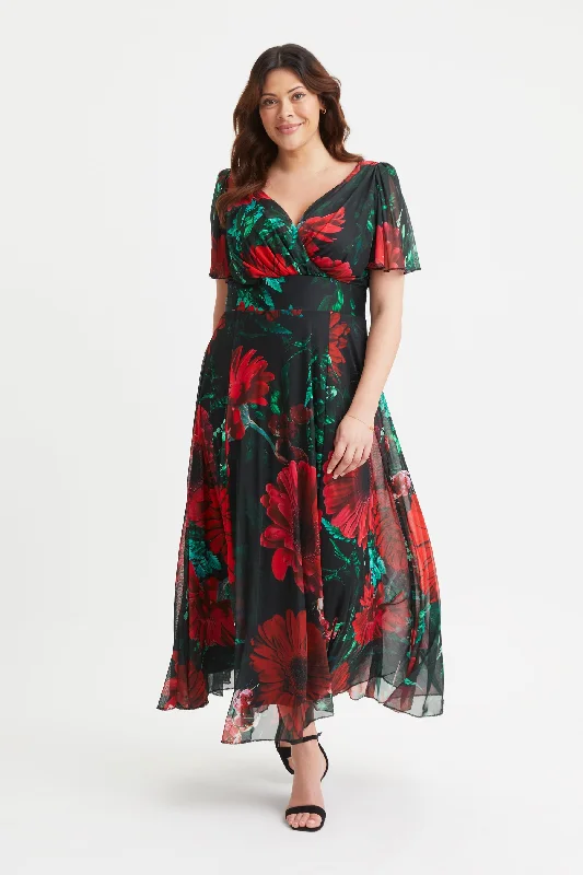 Isabelle Black Red Poppy Float Sleeve Maxi Dress Stylish Pleated A-Line Maxi Dress