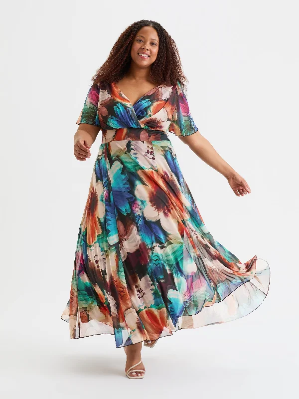 Isabelle Blue Rust Float Sleeve Maxi Dress Trendy Printed Maxi Dress