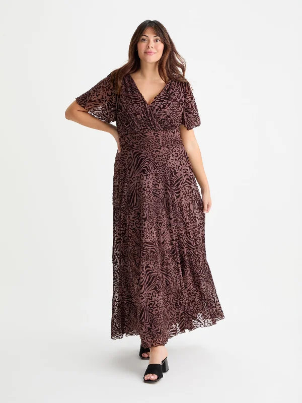 Isabelle Chocolate Leopard Velvet Flock Angel Sleeve Maxi Dress Stylish V-Neck Maxi Dress Isabelle Chocolate Leopard Velvet Flock Angel Sleeve Maxi Dress Stylish V-Neck Maxi Dress