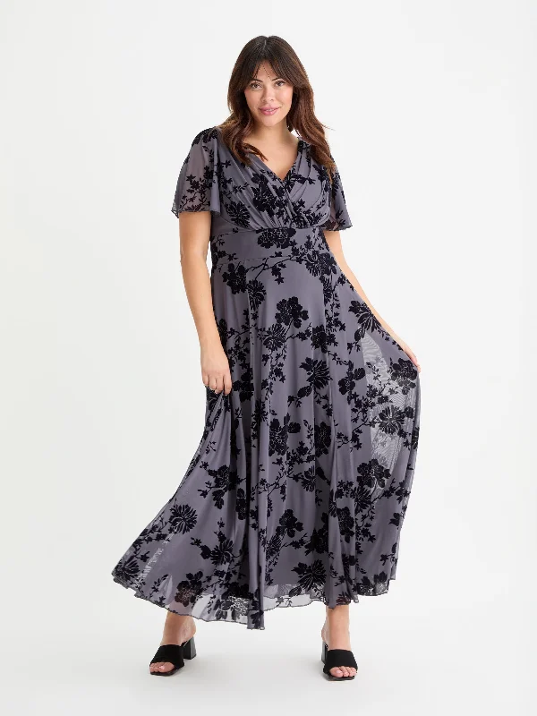 Isabelle Dark Grey Chinoise Velvet Flock Angel Sleeve Maxi Dress Comfortable Ruffle Hem Maxi Dress Isabelle Dark Grey Chinoise Velvet Flock Angel Sleeve Maxi Dress Comfortable Ruffle Hem Maxi Dress
