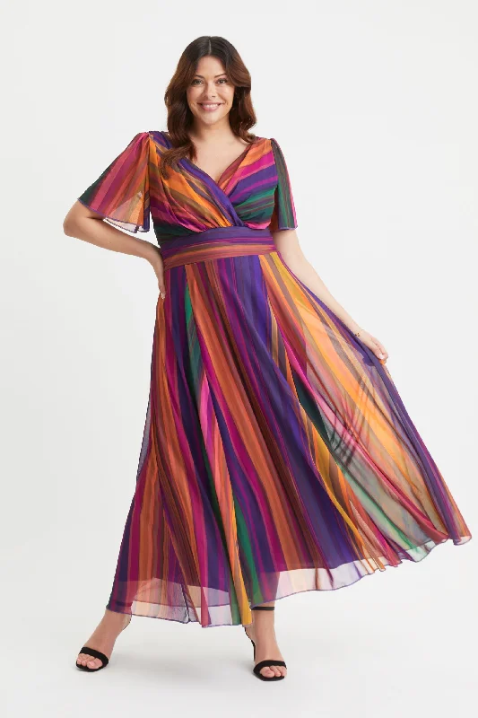 Isabelle Multi Stripe Float Sleeve Maxi Dress Comfortable Maxi Dress with Belt