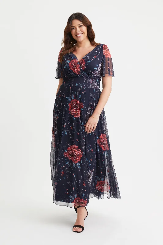 Isabelle Navy Red Rose Float Sleeve Maxi Dress Stylish A-Line Maxi Dress
