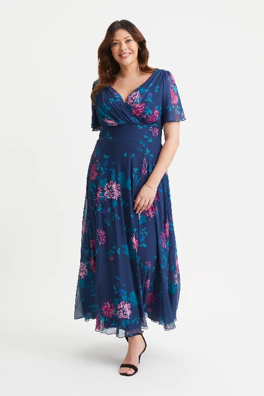 Isabelle New Blue Pink Float Sleeve Maxi Dress Trendy V-Neck Maxi Dress