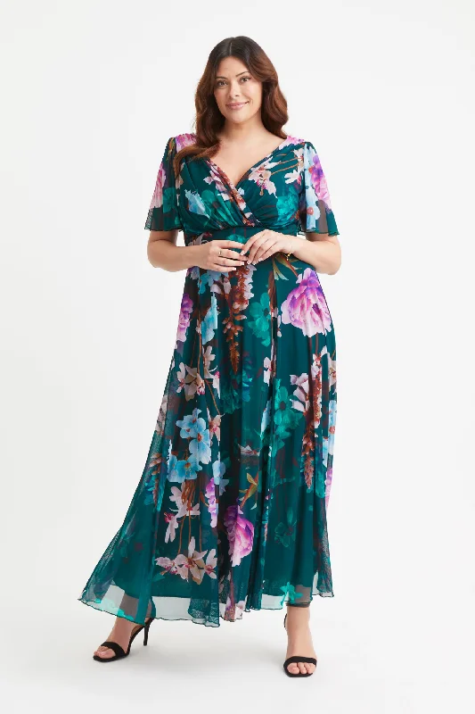 Isabelle New Green Multi Float Sleeve Maxi Dress Cozy Maxi Dress with Slit
