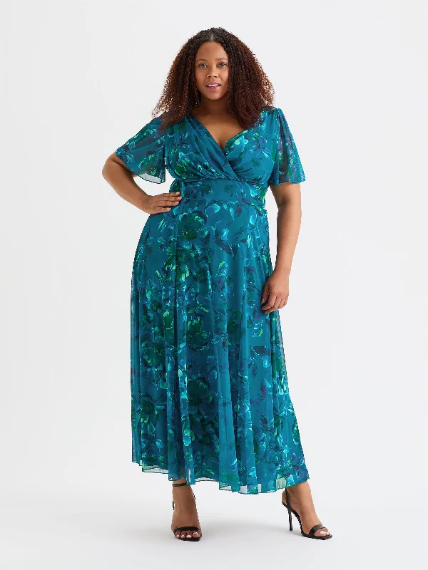 Isabelle Teal Blue Peacock Float Sleeve Maxi Dress Elegant Maxi Dress with Slit