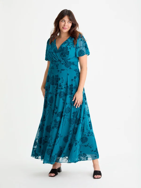 Isabelle Teal Chinoise Velvet Flock Angel Sleeve Maxi Dress Elegant Tiered Maxi Dress Isabelle Teal Chinoise Velvet Flock Angel Sleeve Maxi Dress Elegant Tiered Maxi Dress