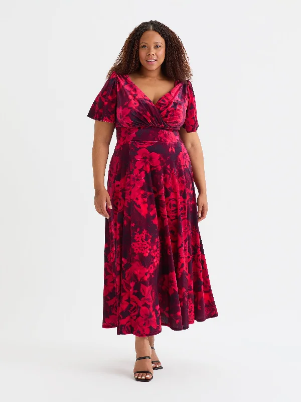 Isabelle Wine Red Velvet Float Sleeve Maxi Dress Trendy Maxi Dress with Bow