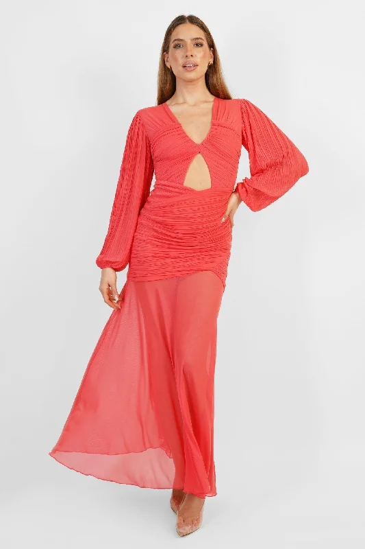 Jessie Maxi Dress in Radiant Coral Elegant Pleated Maxi Dress