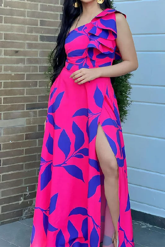 Leaf Print Ruffles One Shoulder Elegant High Split Maxi Dress Trendy A-Line Maxi Dress Leaf Print Ruffles One Shoulder Elegant High Split Maxi Dress Trendy A-Line Maxi Dress