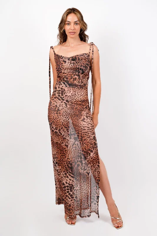 Lena Leopard Maxi Dress - Backless Elegant Maxi Dress with Slit