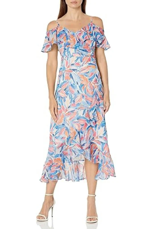 London Times Print Cold Shoulder Ruffle Maxi Dress Cozy Wrap Maxi Dress