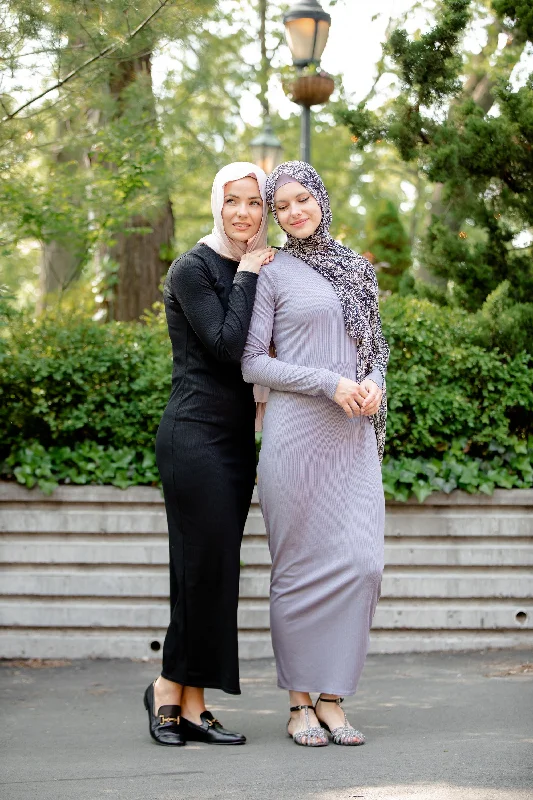 Gray Ribbed Jersey Long Sleeve Maxi Dress Chic Boho Print Maxi Dress