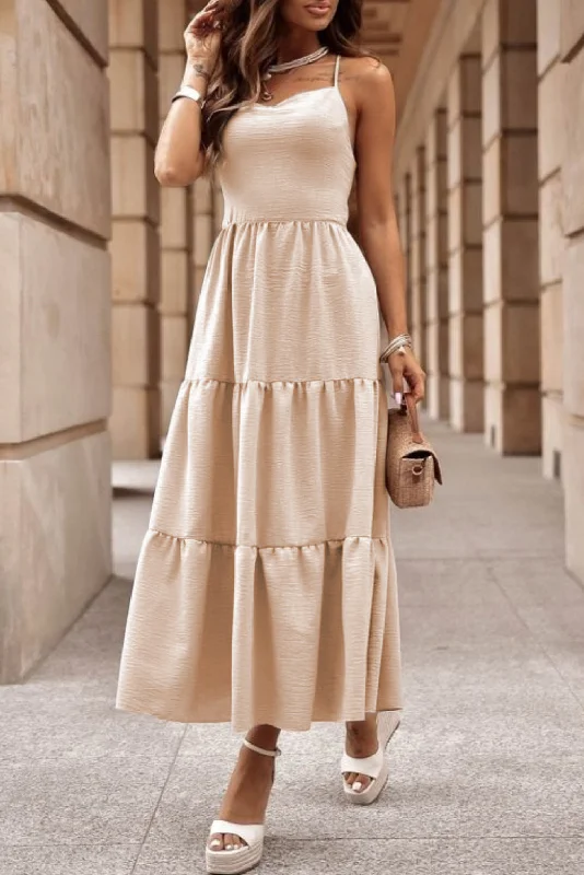 Oatmeal Crossover Backless Bodice Tiered Maxi Dress Comfortable Cotton Maxi Dress