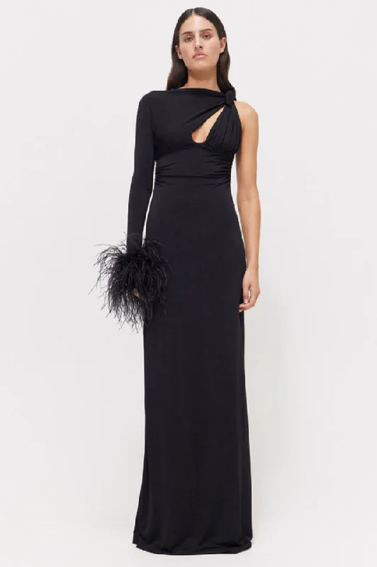 One Sleeve Feather Trim Maxi Dress Trendy V-Neck Maxi Dress