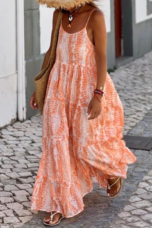 Orange Abstract Print Spaghetti Straps Backless Tiered Maxi Dress Stylish Pleated A-Line Maxi Dress