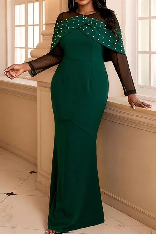 Patchwork Beaded Decor Glamorous Fishtail Maxi Dress Stylish A-Line Maxi Dress