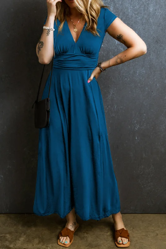 Peacock Blue Short Sleeve Shirred High Waist V Neck Maxi Dress Trendy A-Line Maxi Dress