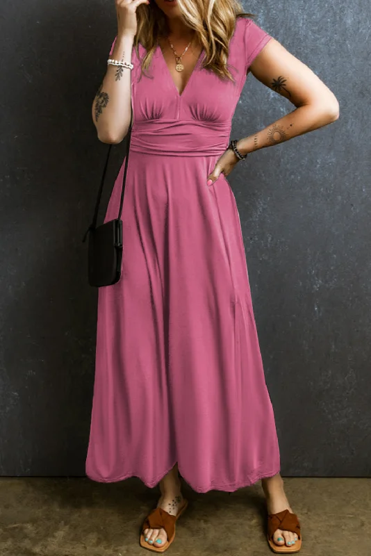 Phalaenopsis Short Sleeve Shirred High Waist V Neck Maxi Dress Elegant Sleeveless Maxi Dress Phalaenopsis Short Sleeve Shirred High Waist V Neck Maxi Dress Elegant Sleeveless Maxi Dress
