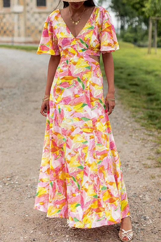 Pink Bohemian Flutter Sleeve Cut out Floral Maxi Dress Chic Sleeveless Maxi Dress