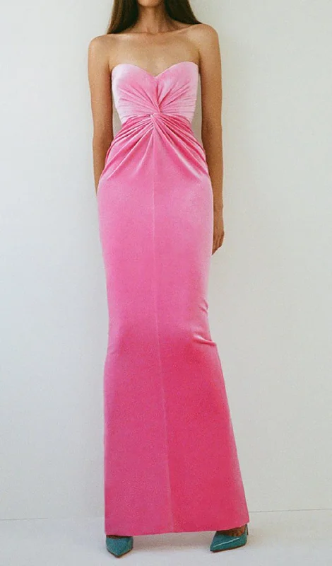 PINK VELCET STRAPLESS CROSS KNOT MAXI DRESS Trendy Printed Maxi Dress