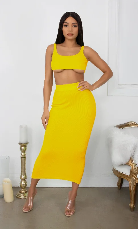 Playing With Fire Yellow Under Boob Sleeveless Scoop Neck Crop Top Two Piece Bodycon Casual Maxi Dress Trendy Maxi Dress with Belt