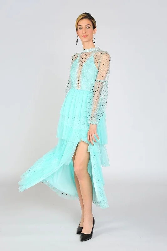 Polka Dot Mesh Layered Maxi Dress Elegant Maxi Dress with Drapes