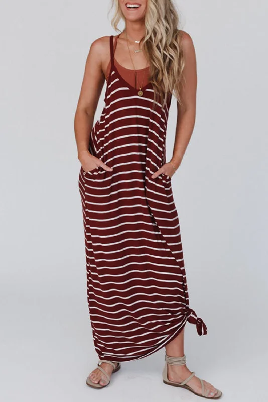 Red Stripe Side Pockets Spaghetti Straps Maxi Dress Comfortable Bohemian Maxi Dress